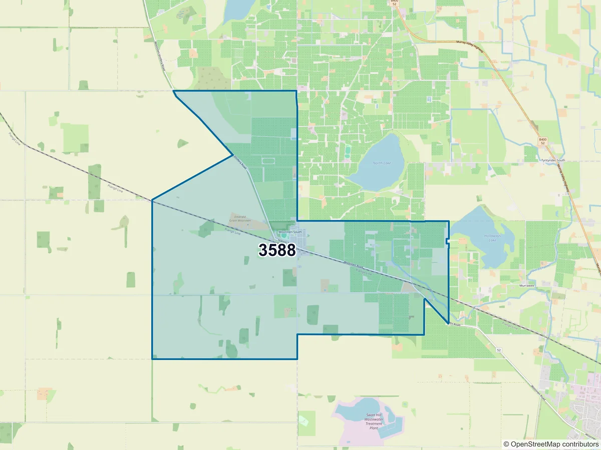 Map of postcode 3588 — Woorinen South, VIC, Australia