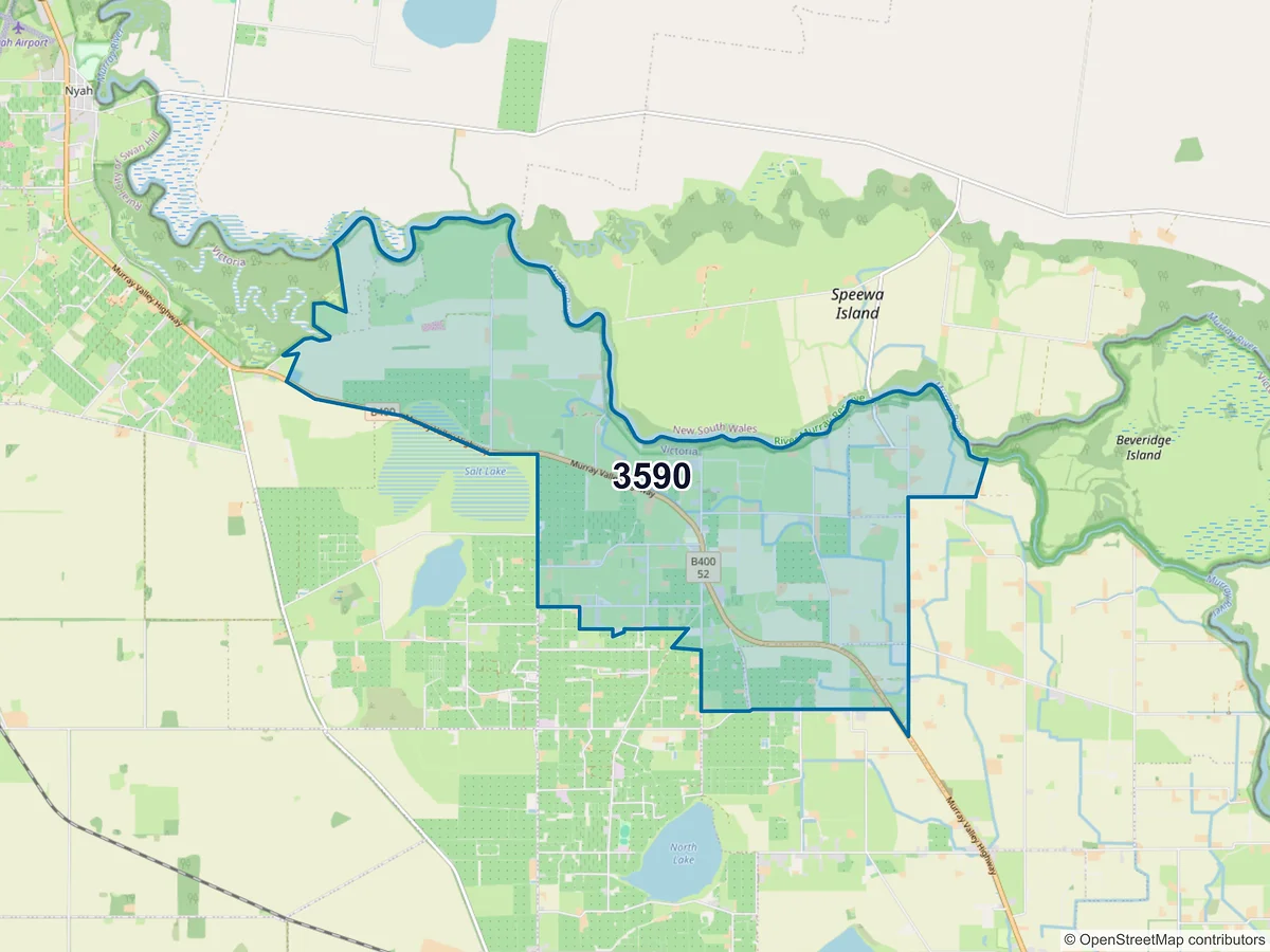 Map of postcode 3590 — Beverford, VIC, Australia