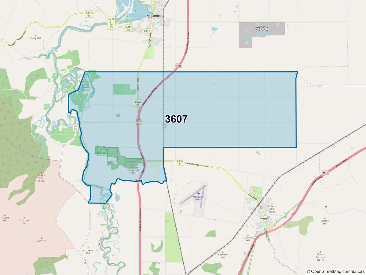 Map of postcode 3607 — Tabilk, VIC, Australia
