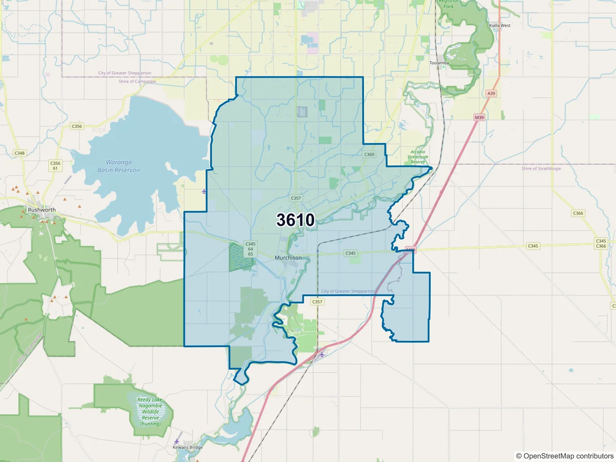 Map of postcode 3610 — Murchison, VIC, Australia