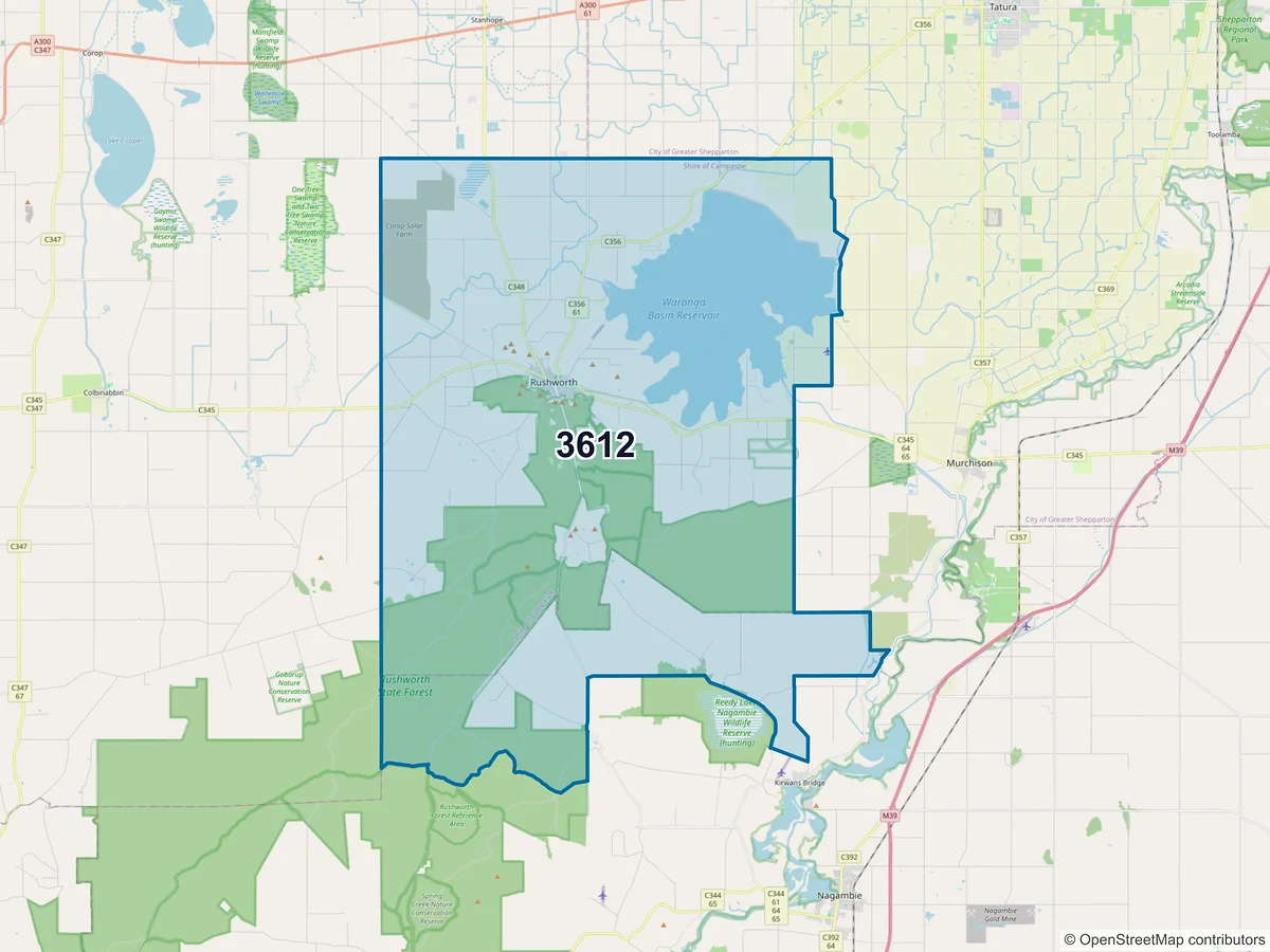 Map of postcode 3612 — Rushworth, VIC, Australia