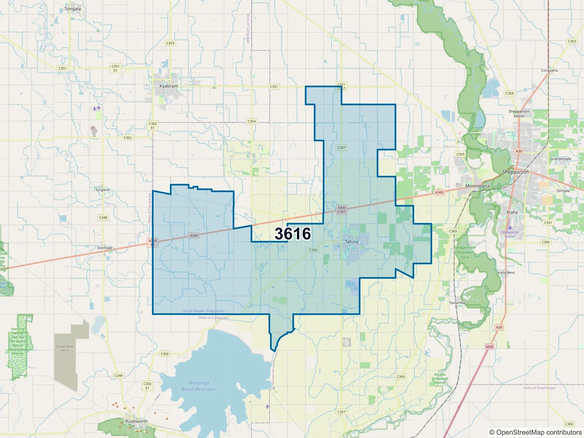 Map of postcode 3616 — Tatura, VIC, Australia