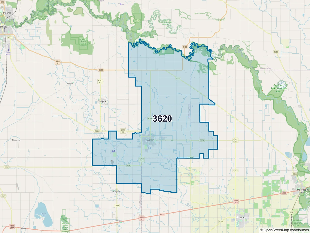 Map of postcode 3620 — Kyabram, VIC, Australia