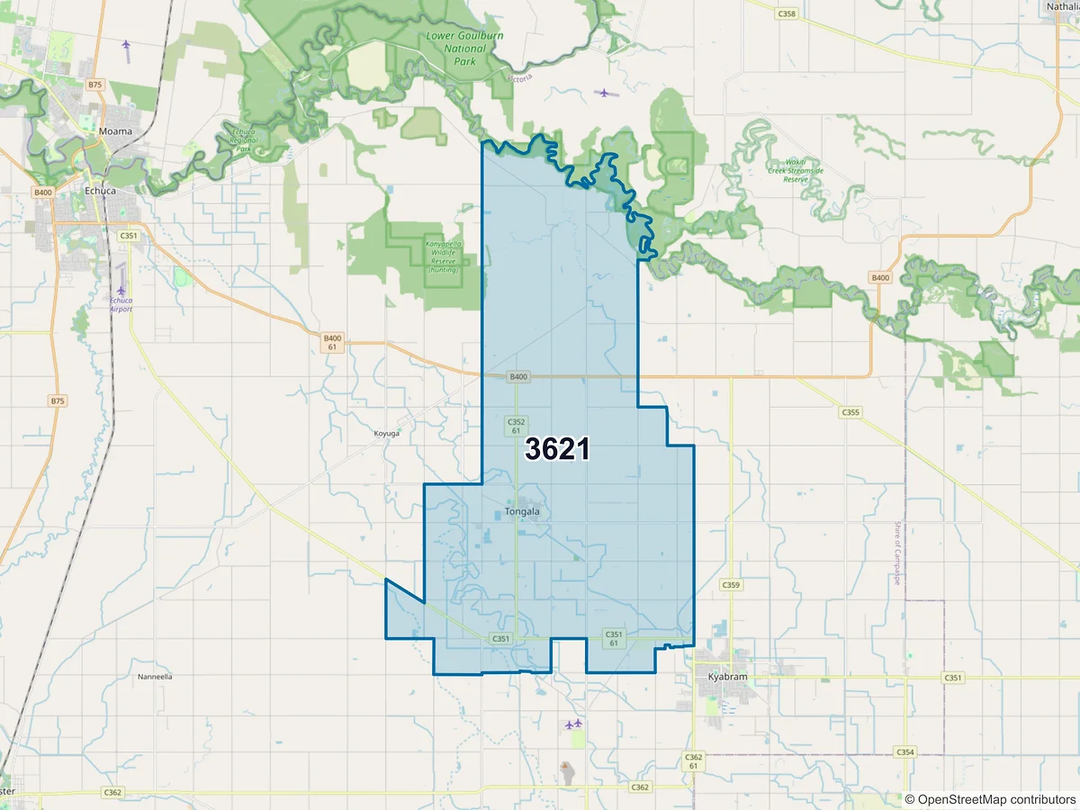 Map of postcode 3621 — Tongala, VIC, Australia