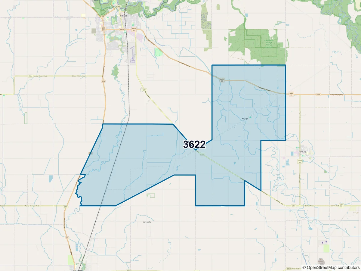 Map of postcode 3622 — Koyuga, VIC, Australia