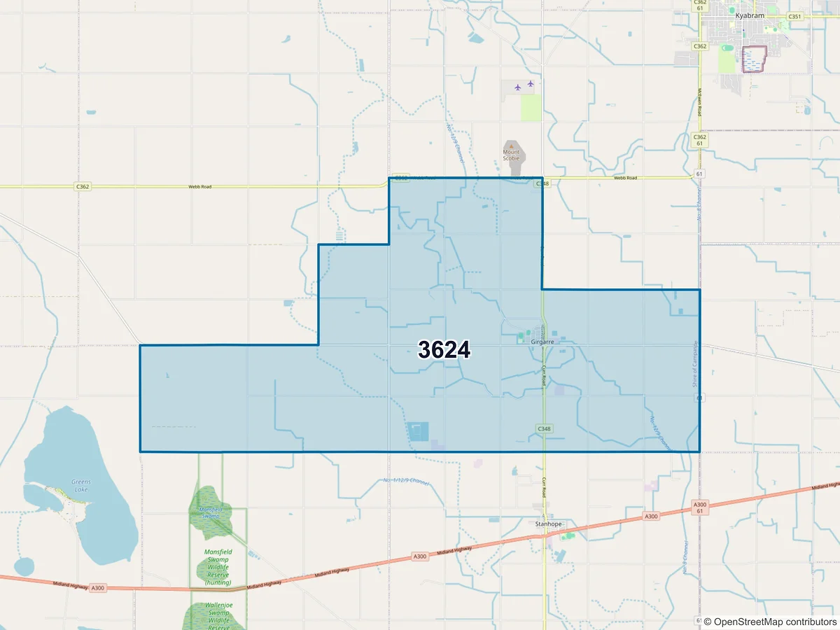 Map of postcode 3624 — Girgarre, VIC, Australia