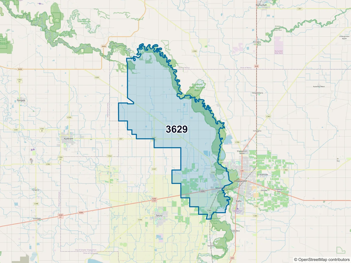 Map of postcode 3629 — Mooroopna, VIC, Australia