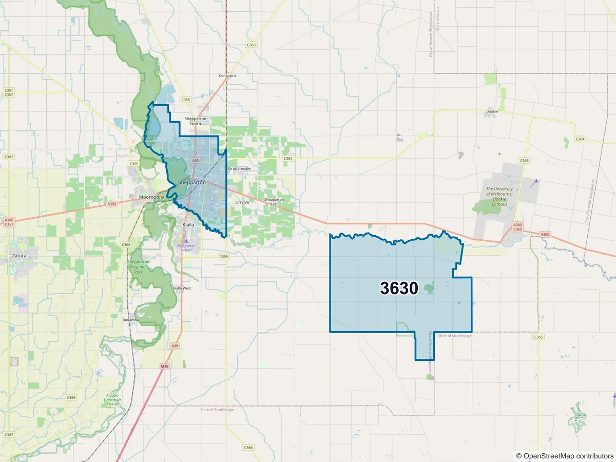 Map of postcode 3630 — Shepparton, VIC, Australia
