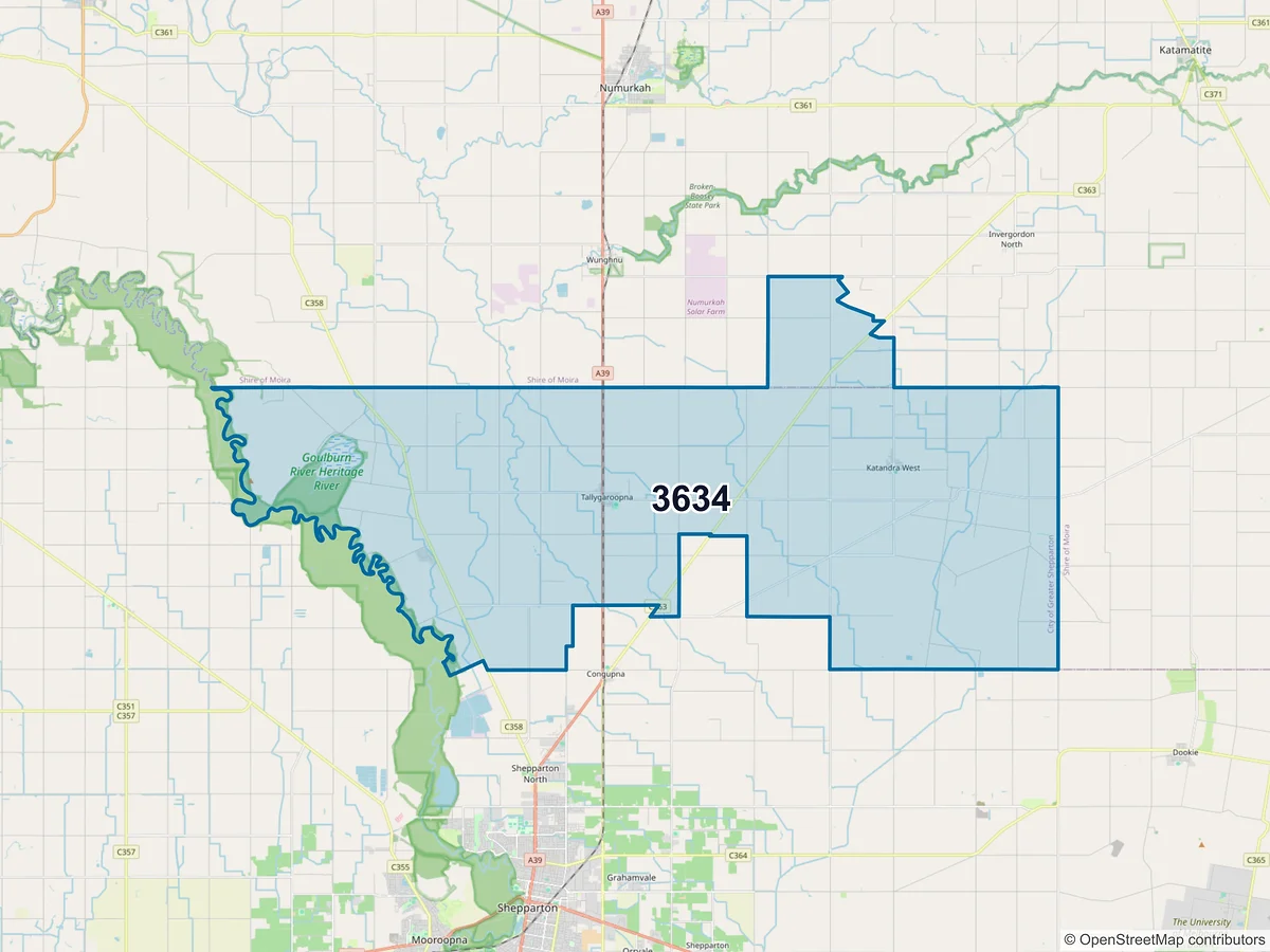 Map of postcode 3634 — Tallygaroopna, VIC, Australia