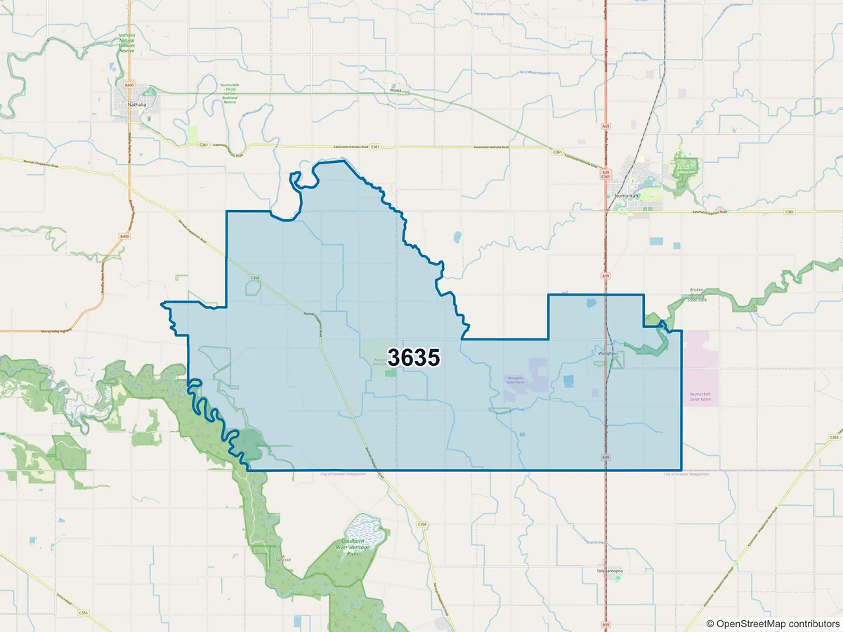 Map of postcode 3635 — Wunghnu, VIC, Australia