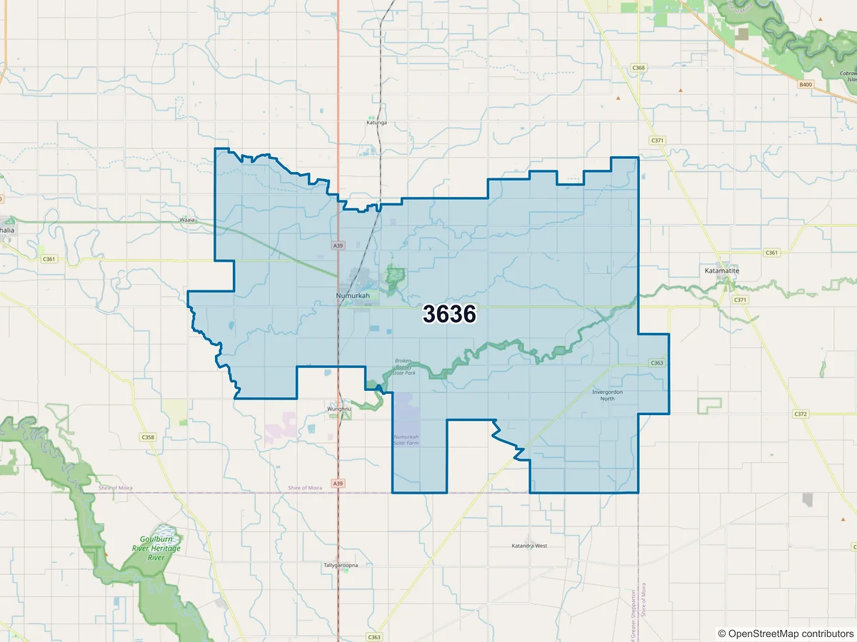 Map of postcode 3636 — Numurkah, VIC, Australia