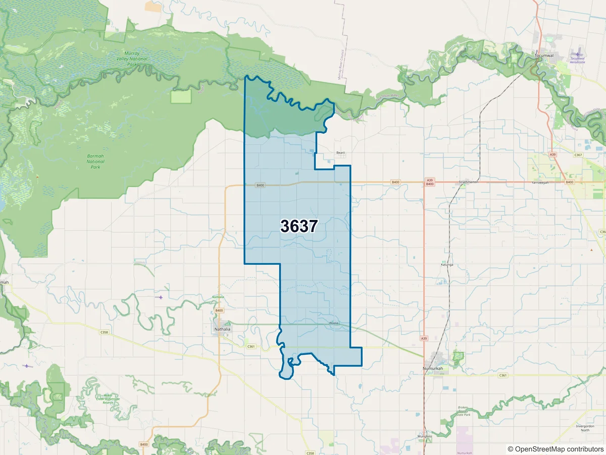 Map of postcode 3637 — Waaia, VIC, Australia