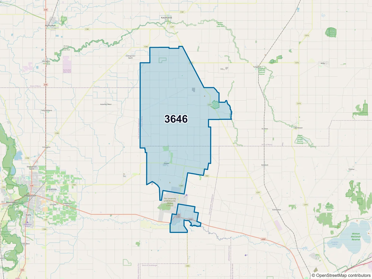 Map of postcode 3646 — Dookie, VIC, Australia