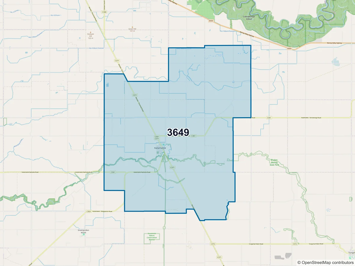 Map of postcode 3649 — Katamatite, VIC, Australia