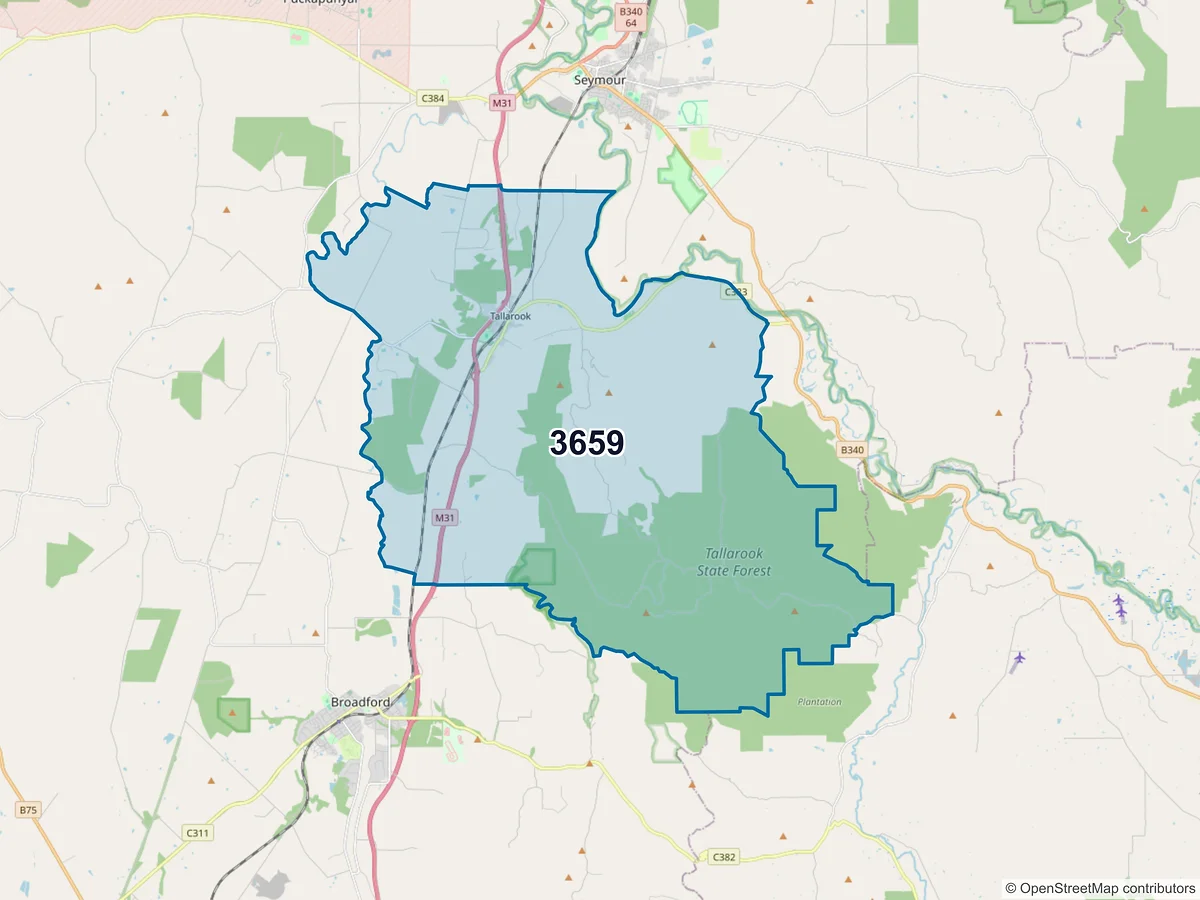 Map of postcode 3659 — Tallarook, VIC, Australia