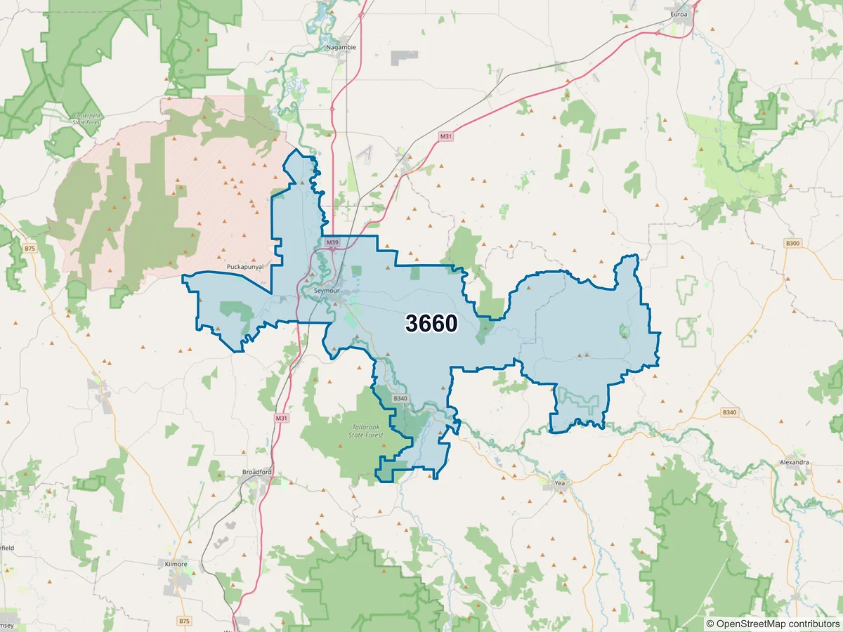 Map of postcode 3660 — Seymour, VIC, Australia