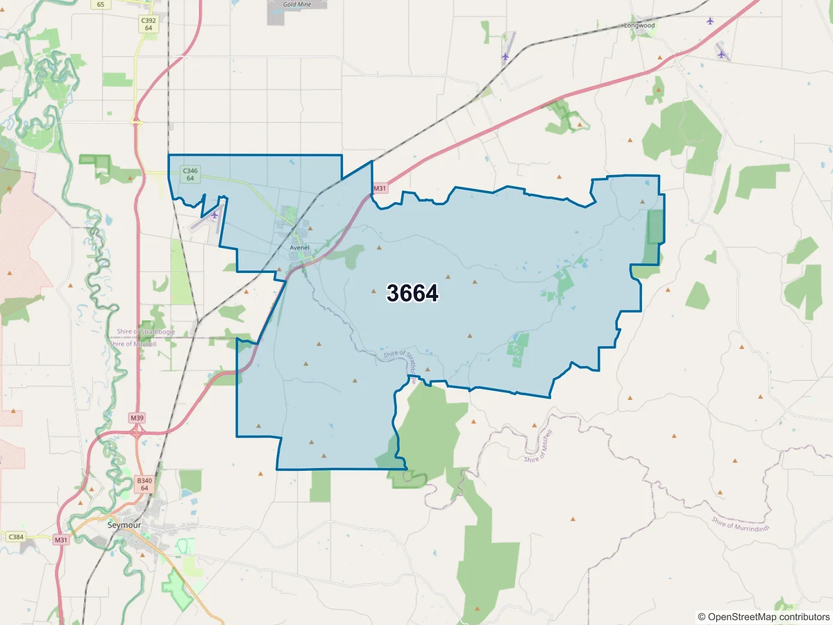 Map of postcode 3664 — Avenel, VIC, Australia