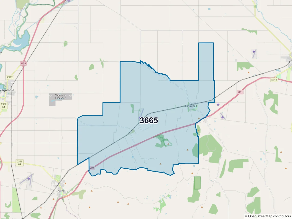 Map of postcode 3665 — Longwood, VIC, Australia