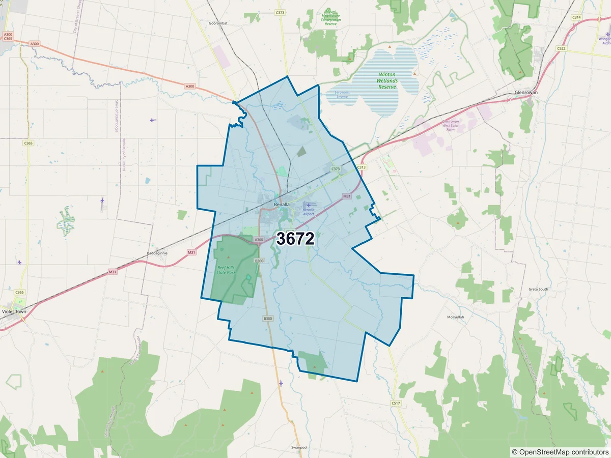 Map of postcode 3672 — Benalla, VIC, Australia
