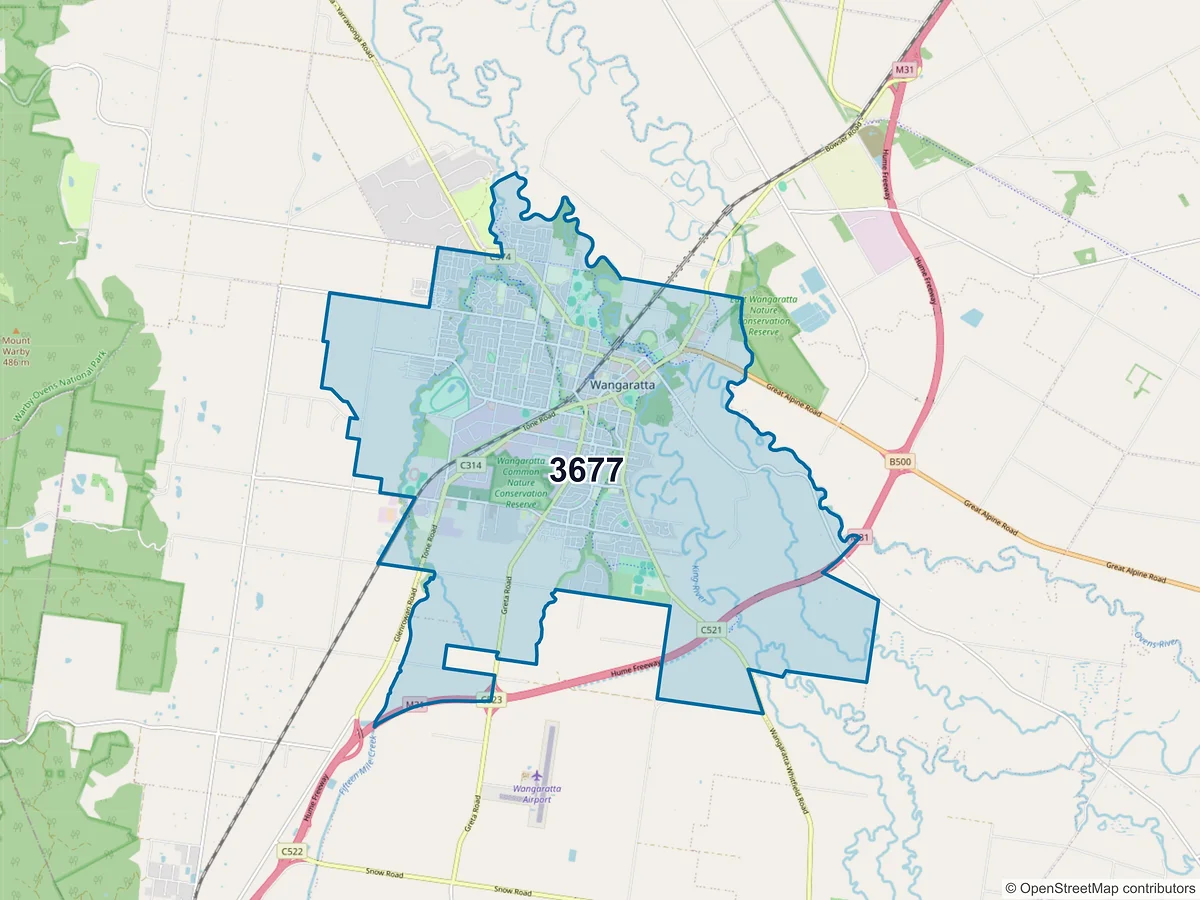 Map of postcode 3677 — Wangaratta, VIC, Australia