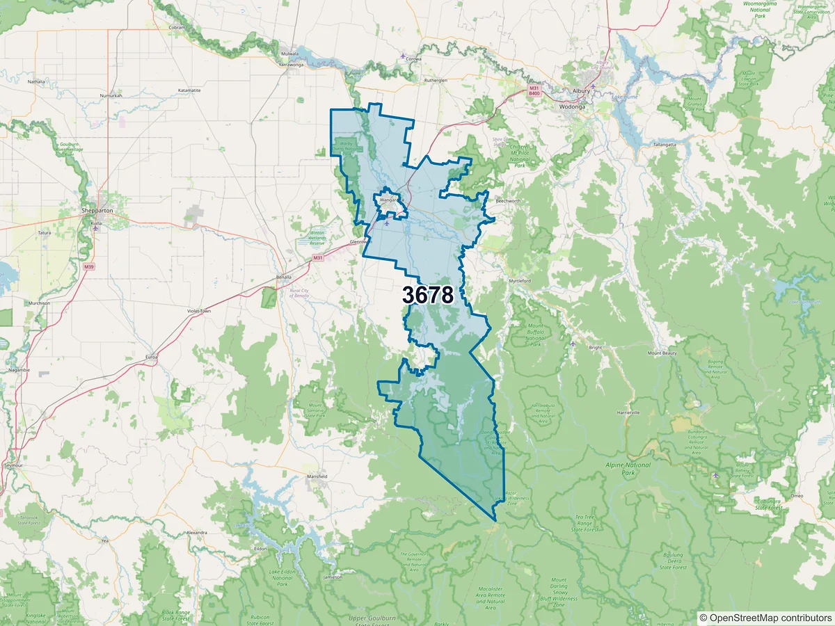 Map of postcode 3678 — Waldara, VIC, Australia
