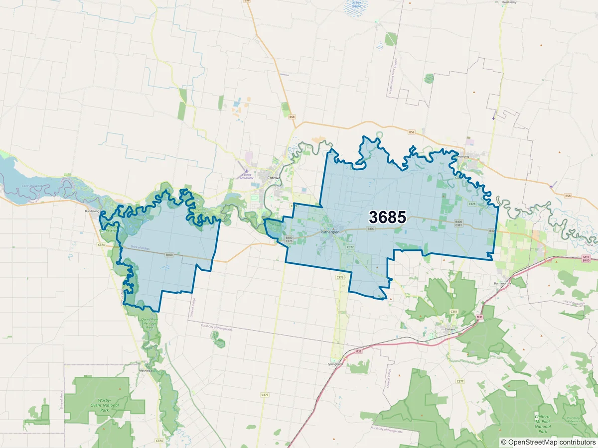 Map of postcode 3685 — Rutherglen, VIC, Australia