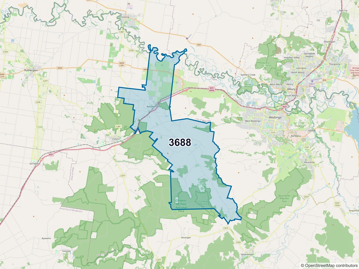Map of postcode 3688 — Barnawartha, VIC, Australia
