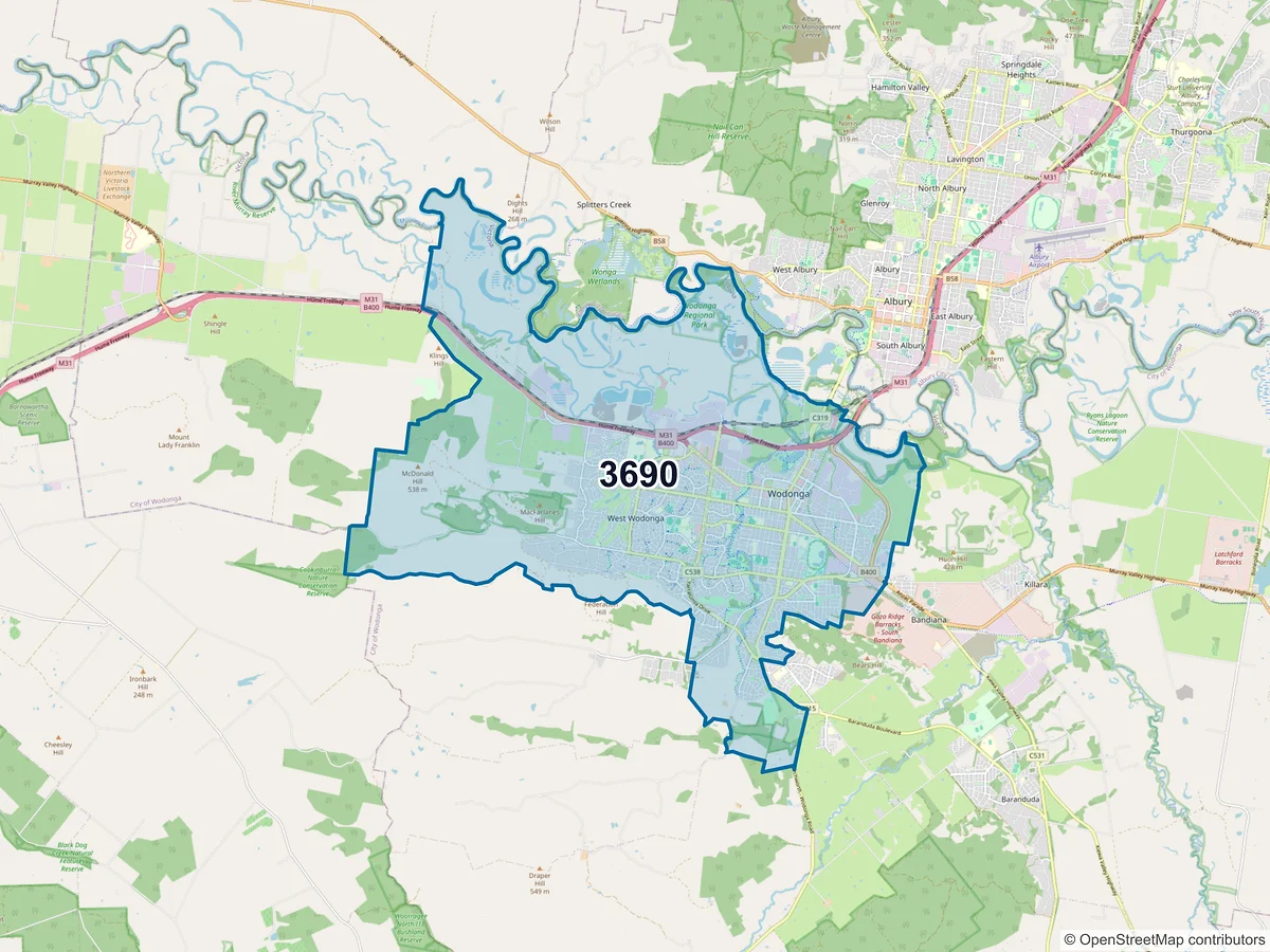 Map of postcode 3690 — Wodonga, VIC, Australia