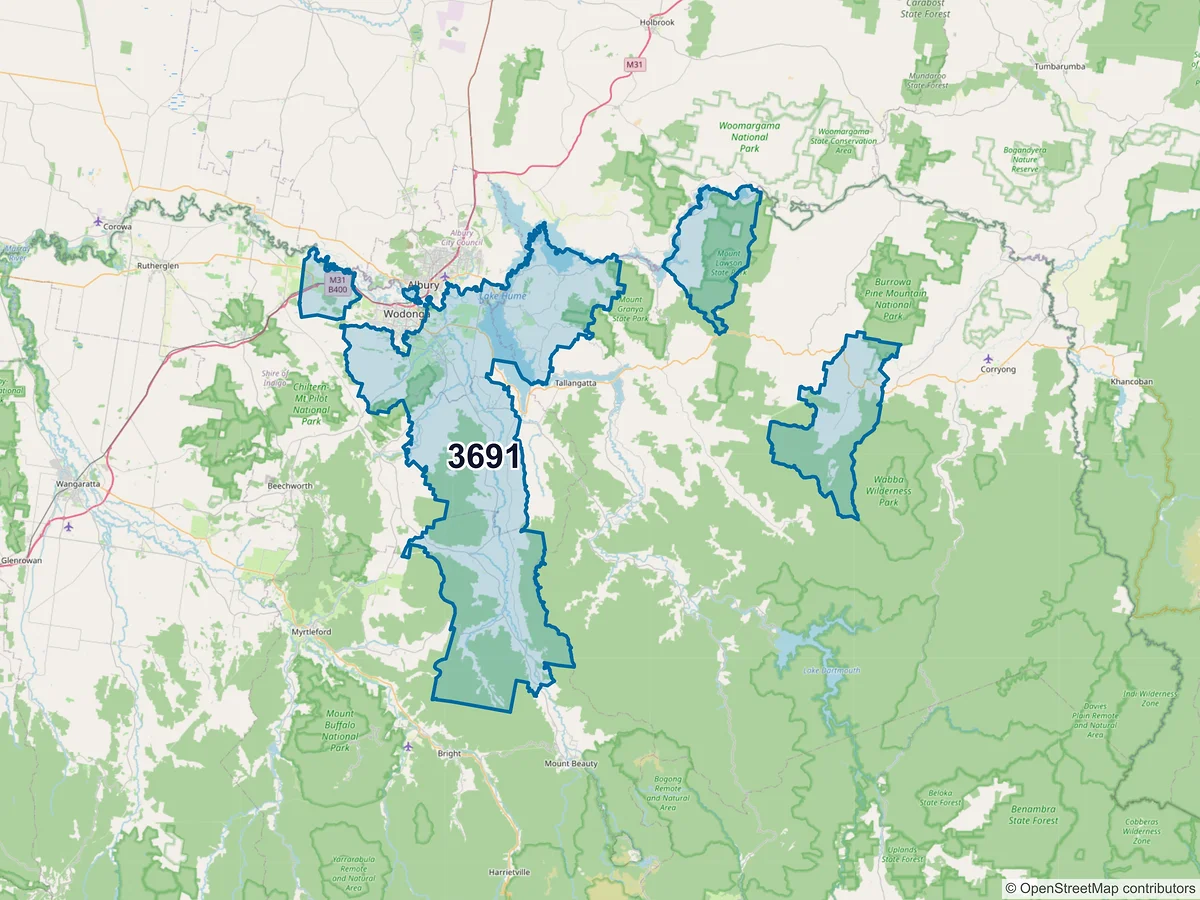 Map of postcode 3691 — Baranduda, VIC, Australia