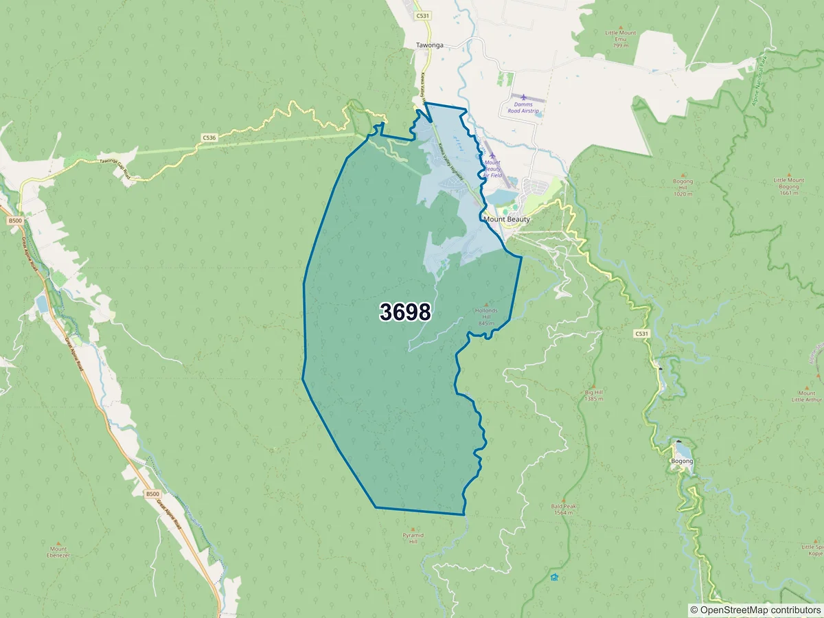 Map of postcode 3698 — Tawonga South, VIC, Australia