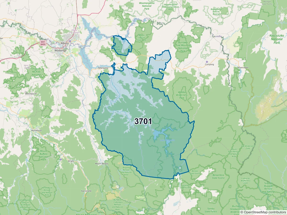 Map of postcode 3701 — Mitta Mitta, VIC, Australia