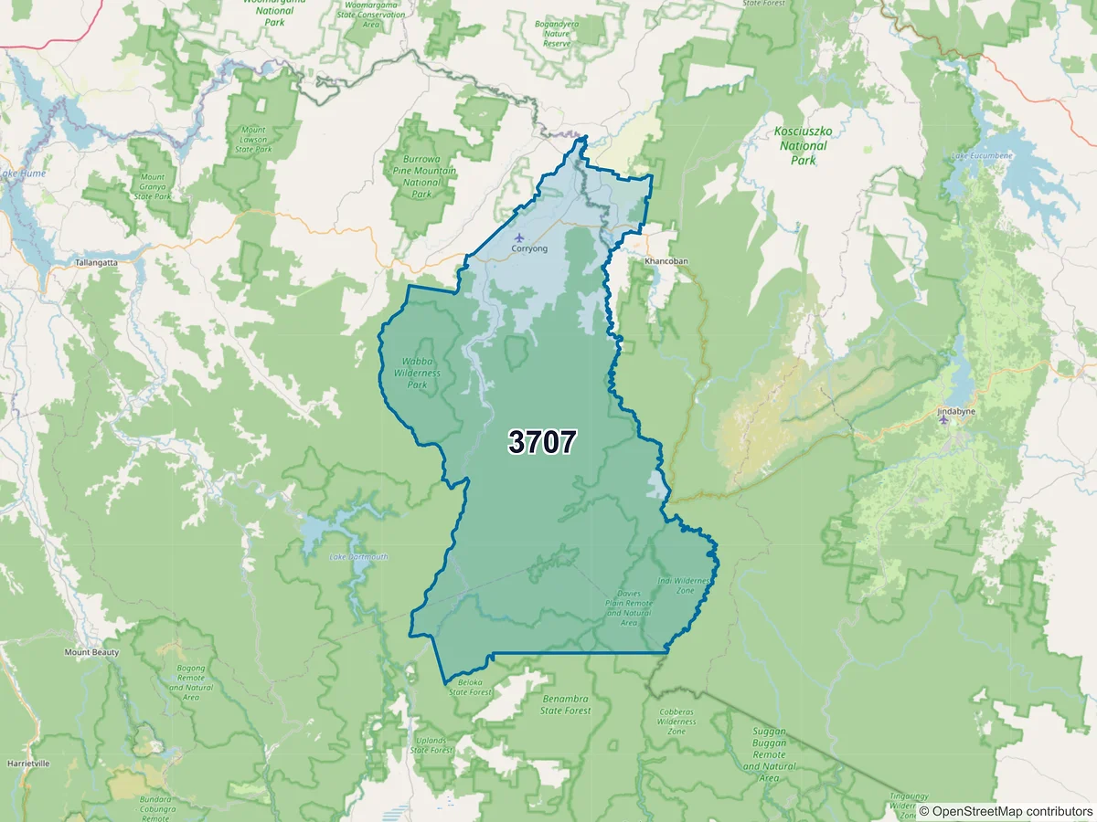 Map of postcode 3707 — Corryong, VIC, Australia