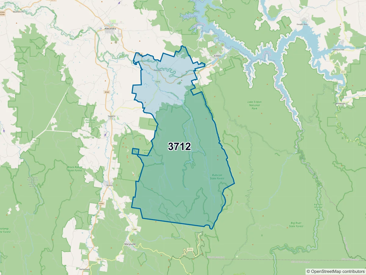 Map of postcode 3712 — Thornton, VIC, Australia