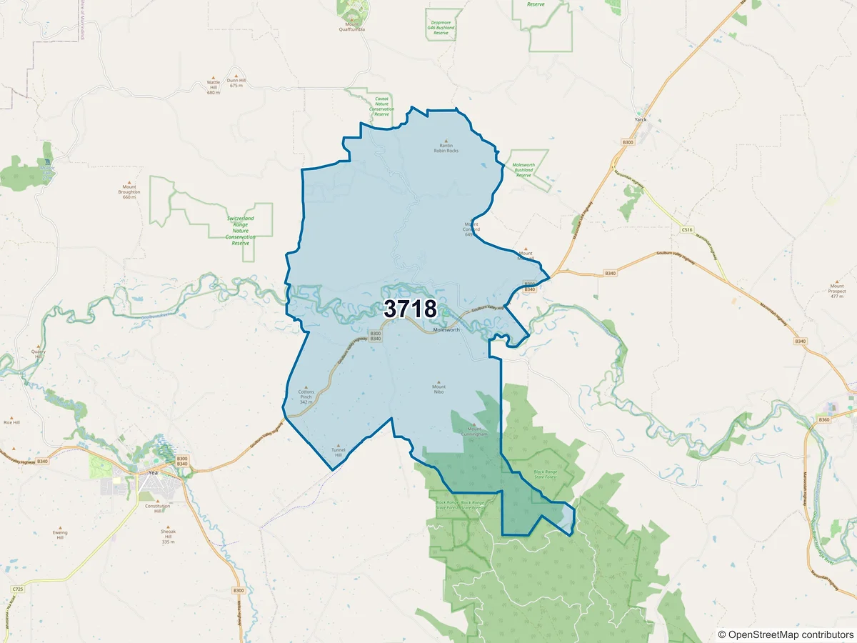 Map of postcode 3718 — Molesworth, VIC, Australia