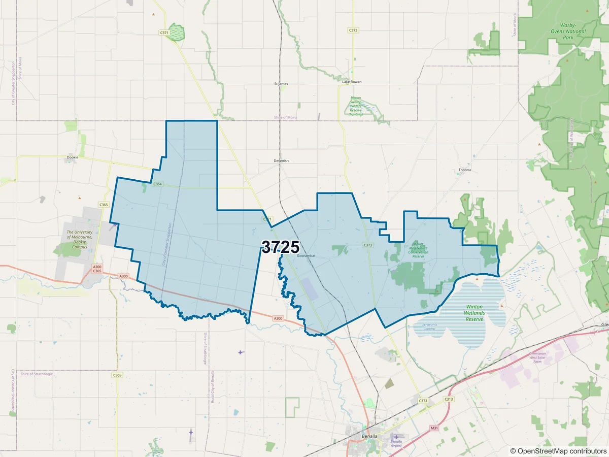 Map of postcode 3725 — Goorambat, VIC, Australia