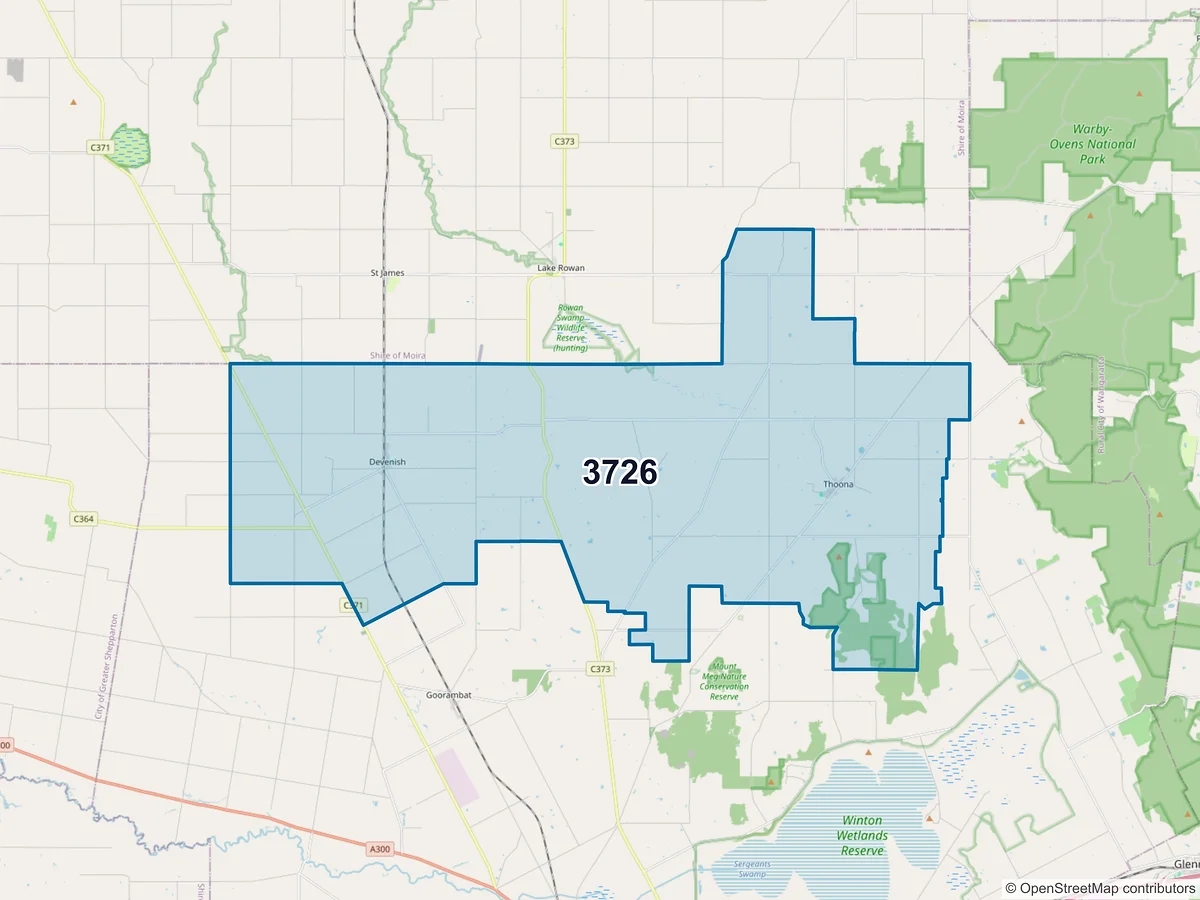 Map of postcode 3726 — Devenish, VIC, Australia