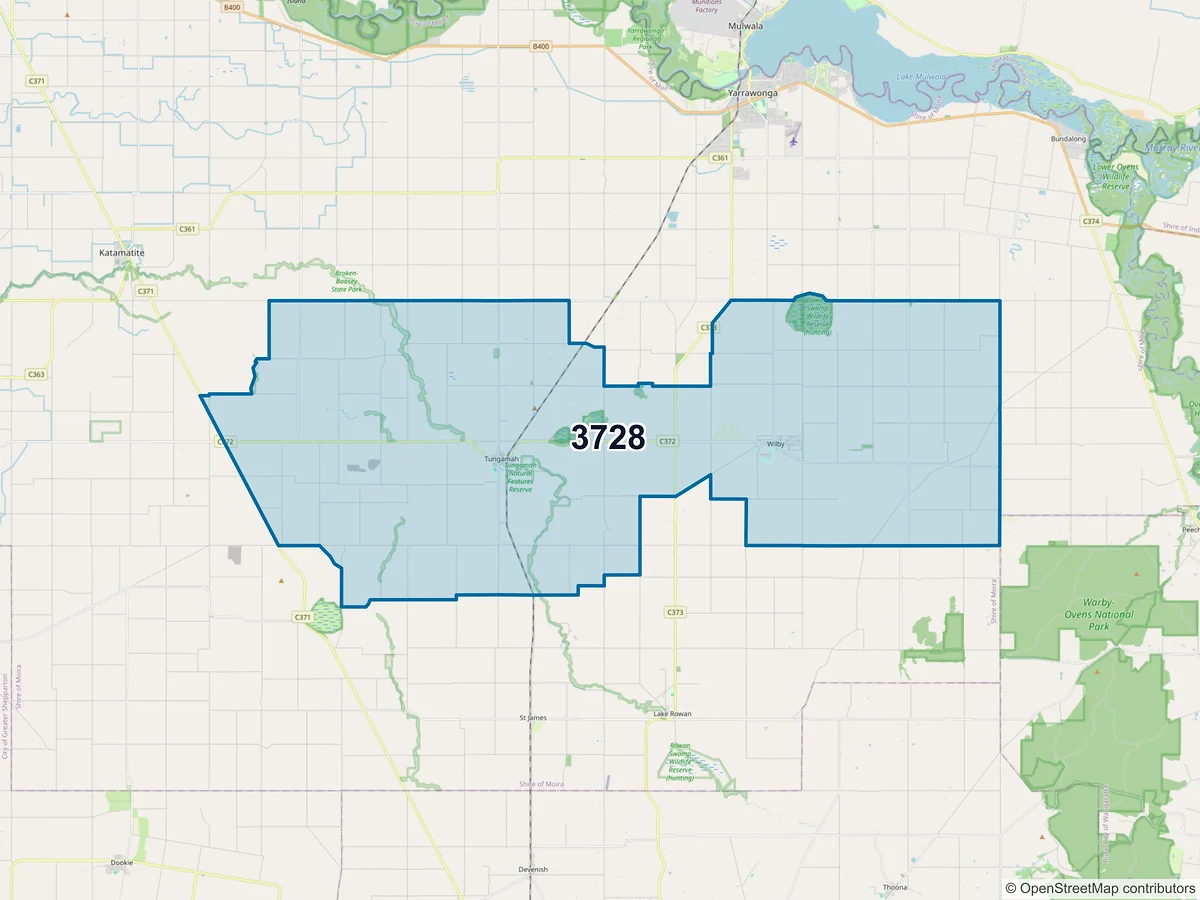 Map of postcode 3728 — Tungamah, VIC, Australia
