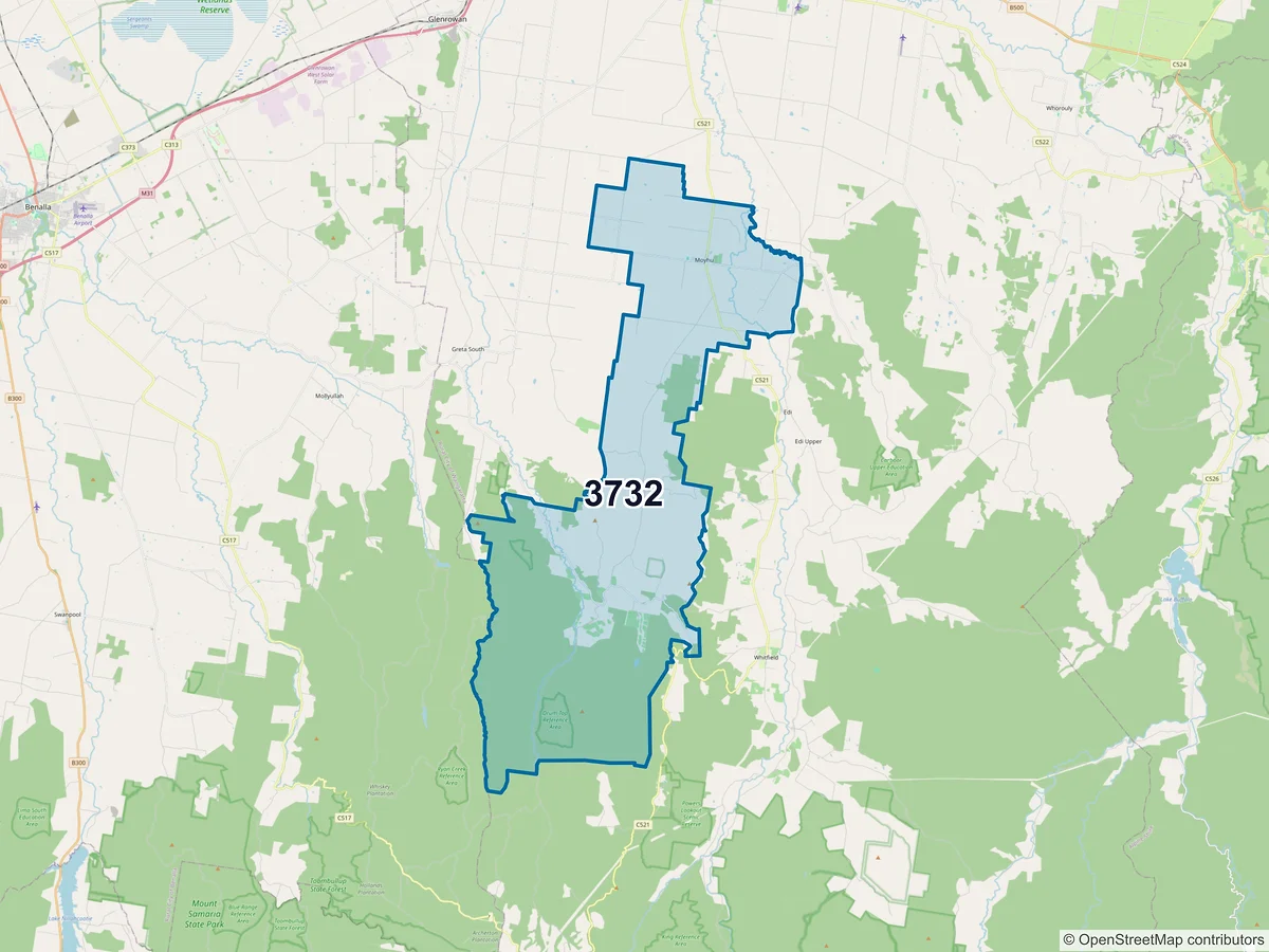 Map of postcode 3732 — Moyhu, VIC, Australia
