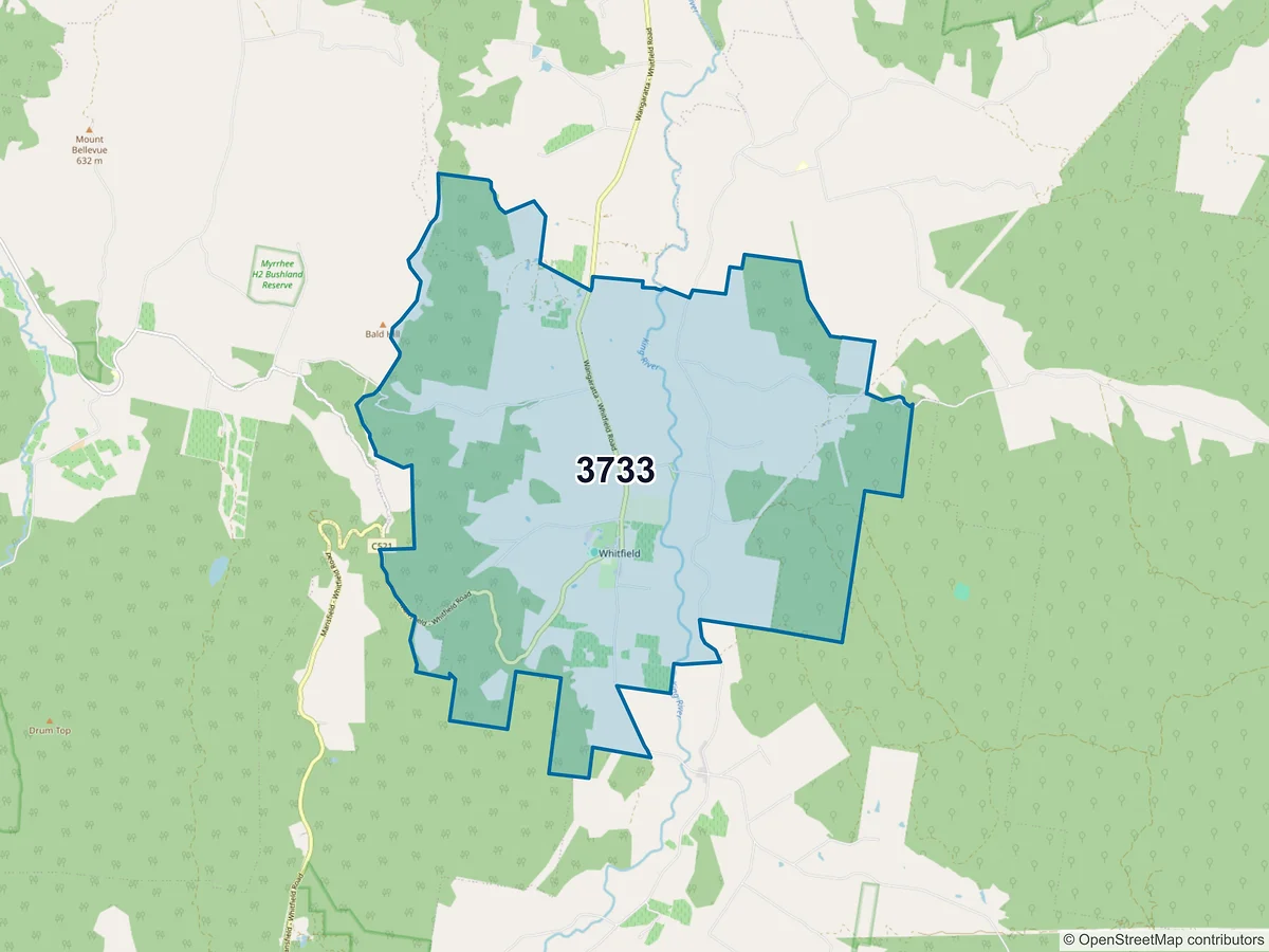 Map of postcode 3733 — Whitfield, VIC, Australia