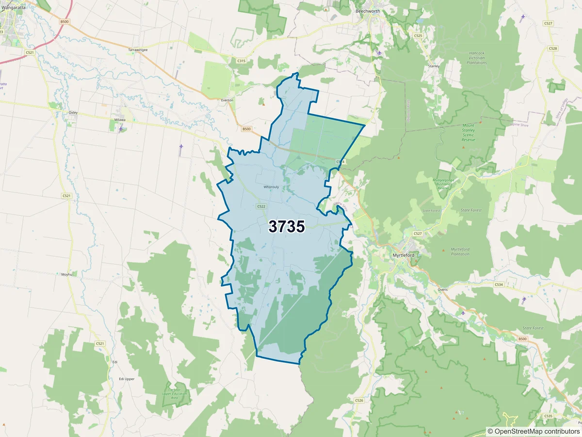 Map of postcode 3735 — Whorouly, VIC, Australia