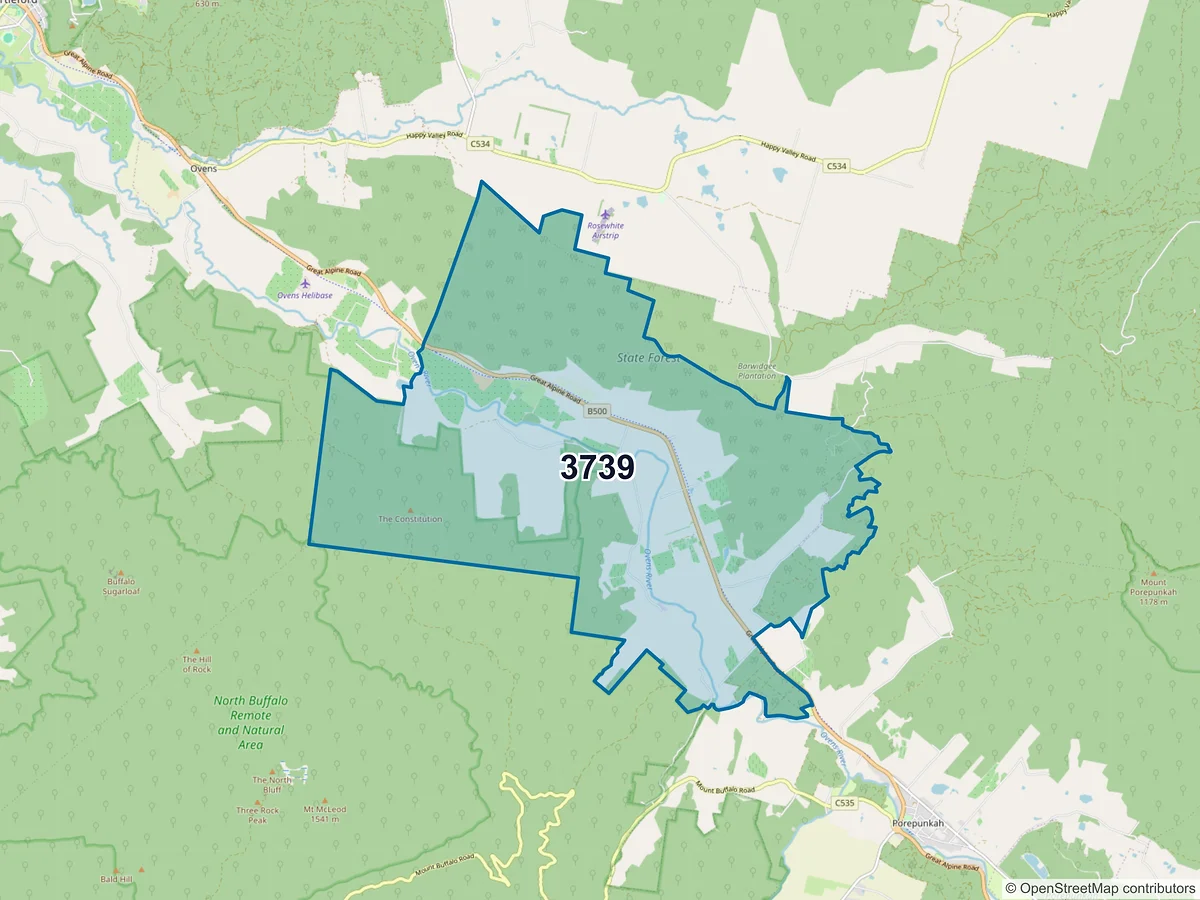 Map of postcode 3739 — Eurobin, VIC, Australia