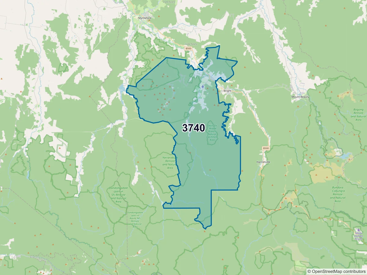 Map of postcode 3740 — Porepunkah, VIC, Australia