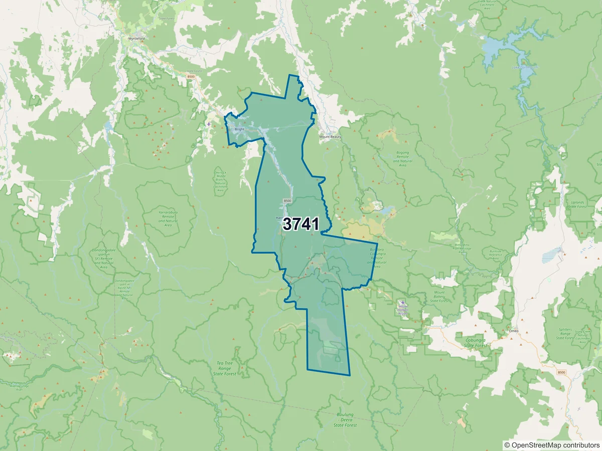 Map of postcode 3741 — Bright, VIC, Australia