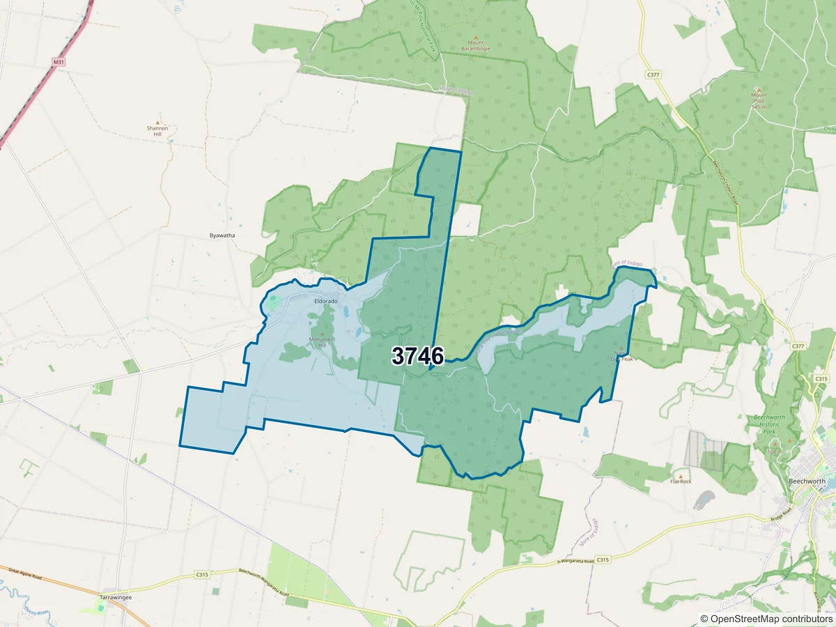 Map of postcode 3746 — Eldorado, VIC, Australia