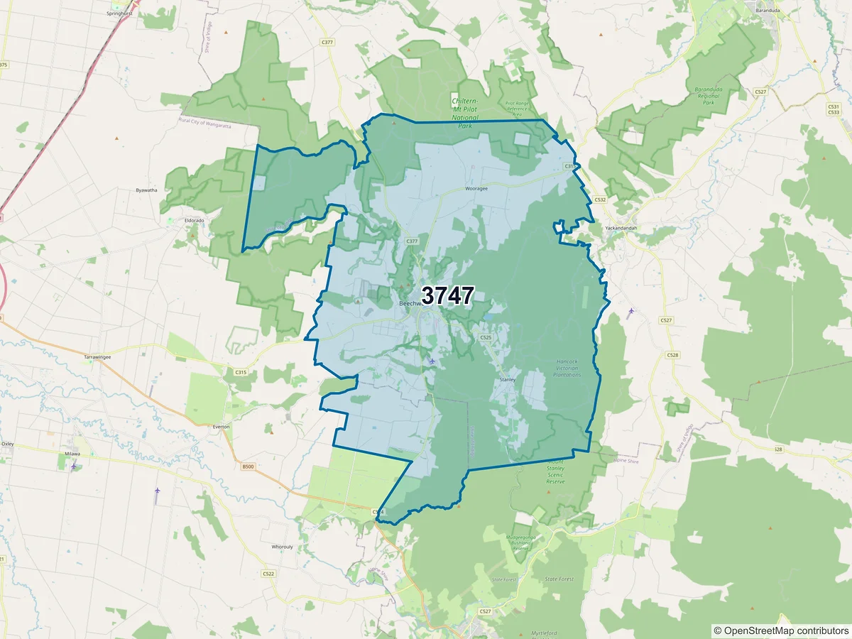 Map of postcode 3747 — Beechworth, VIC, Australia