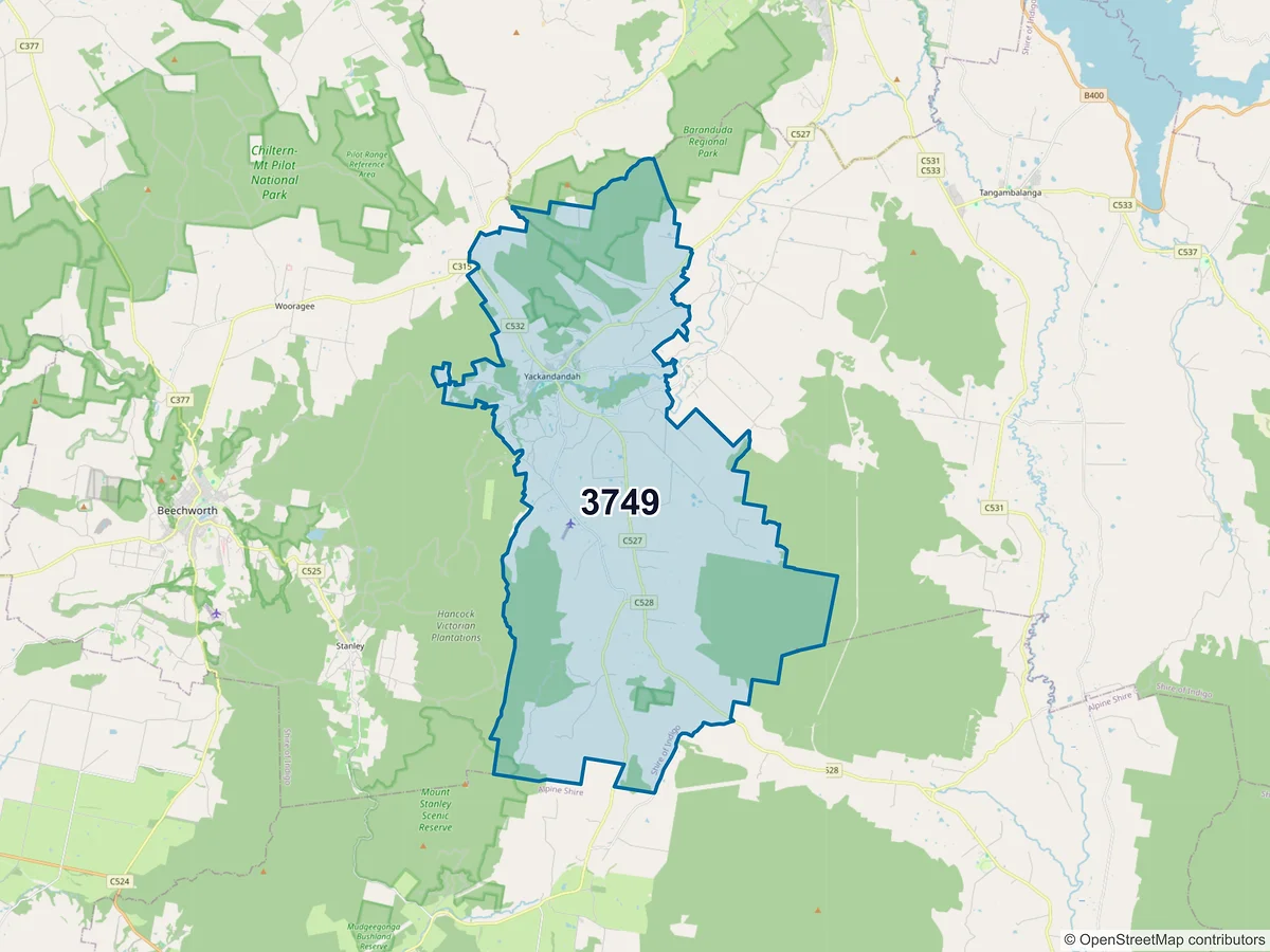 Map of postcode 3749 — Yackandandah, VIC, Australia