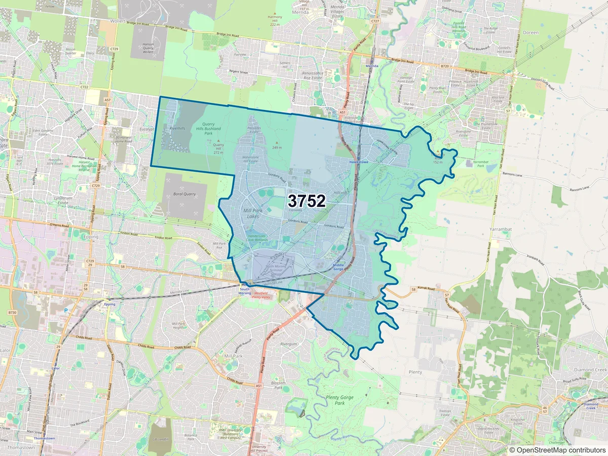 Map of postcode 3752 — South Morang, VIC, Australia