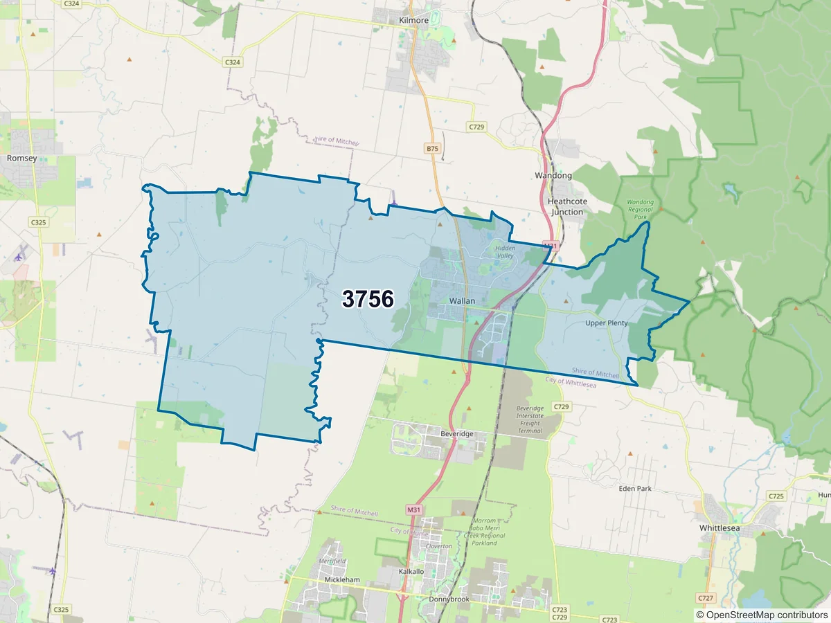 Map of postcode 3756 — Wallan, VIC, Australia