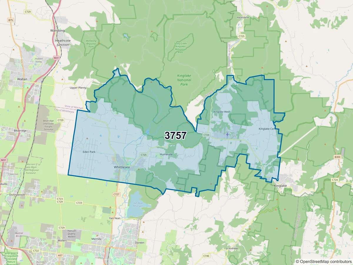 Map of postcode 3757 — Whittlesea, VIC, Australia