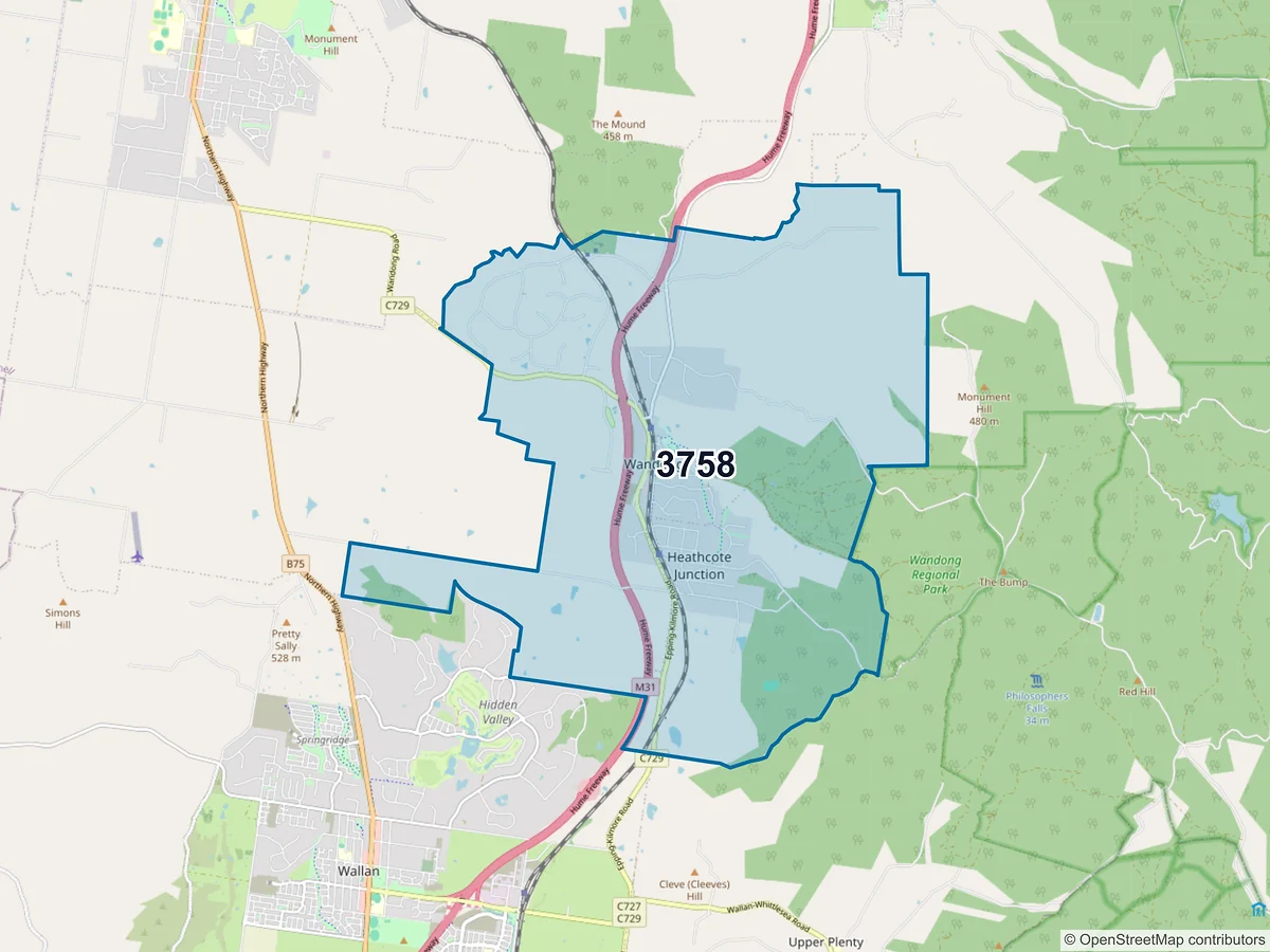 Map of postcode 3758 — Wandong, VIC, Australia